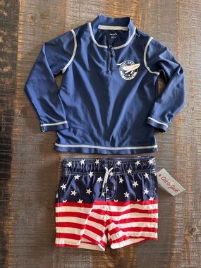 NWT 18 Month Boys Trunks and Rash Guard American Flag Pattern